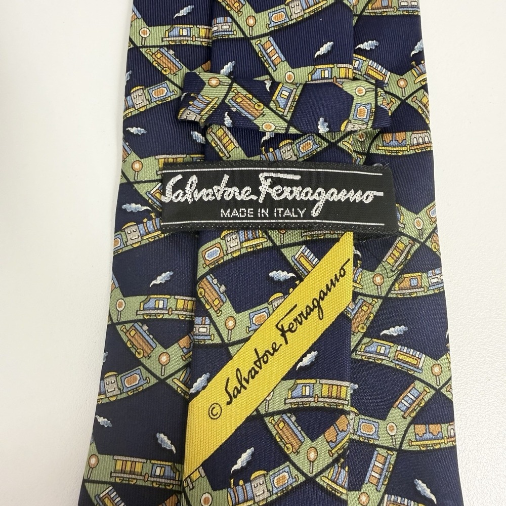 Salvatore Ferragamo Mens Tie Train Tracks Navy/Green Silk 3 5/8" (W) x 57.5" (L)